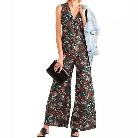 Maje Botanical Floral Print Jumpsuit Zip Front Wide Leg Green Red 38 Medium - Picture 9 of 10